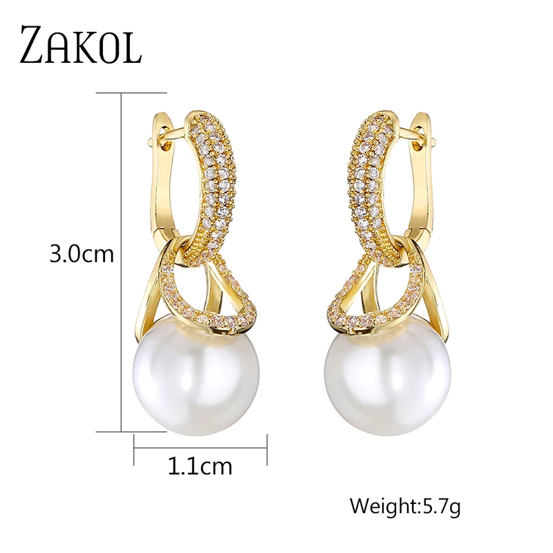 ZAKOL New Micro-inlaid Zircon Hoop Earrings for Women Luxury Imitation Pearl Drop Earring Jewellery Aretes De Mujer EP2839