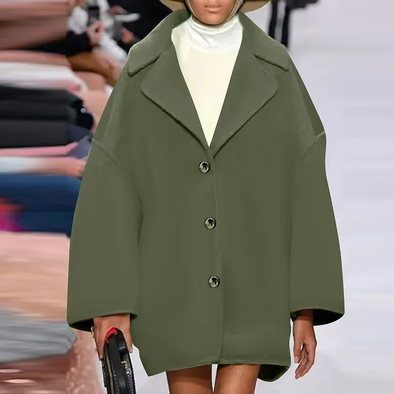 Fashion Temperament Lapel Women's Jackets Elegant Commuting Loose Outerwear Simple Solid Color Long Sleeved Winter Woolen Coat