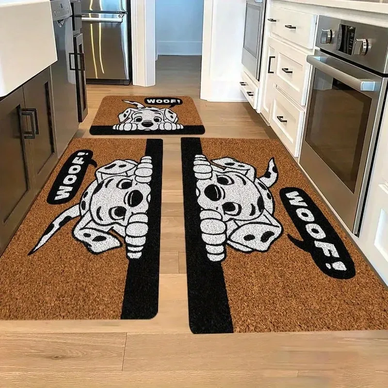 Cute Dalmatian Dog Kitchen Rug Set Floor Mat Woof Speech Bubble Cartoon Puppy Print Carpet for Kitchen Pet Lover Home Decor