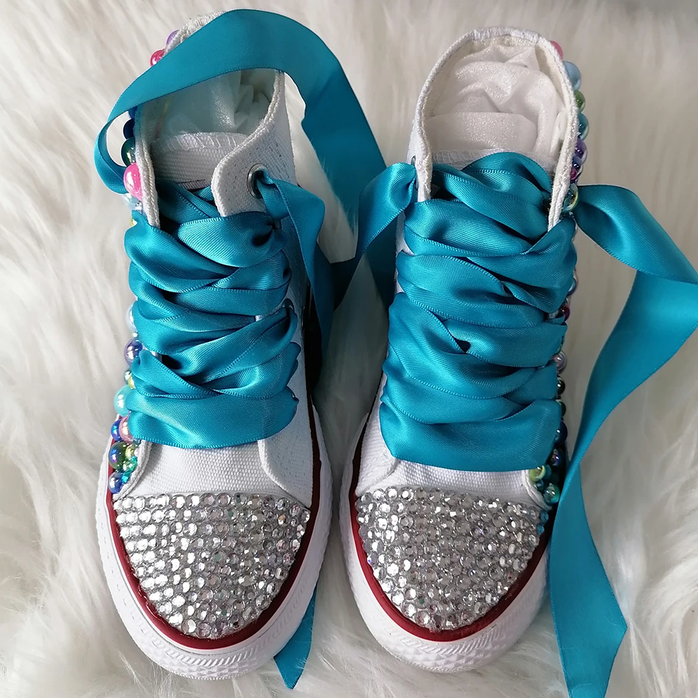 Zapatos de lona con diamantes de imitación hechos a mano para niñas y mujeres, zapatillas de perlas brillantes, fiesta de cumpleaños, boda