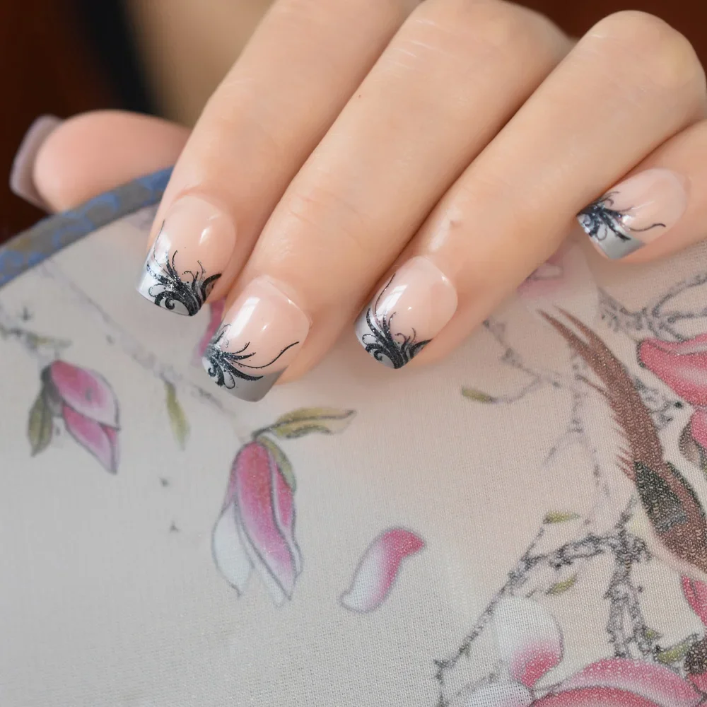 Square Short French Fake Nails with Flower Pattern Decoration