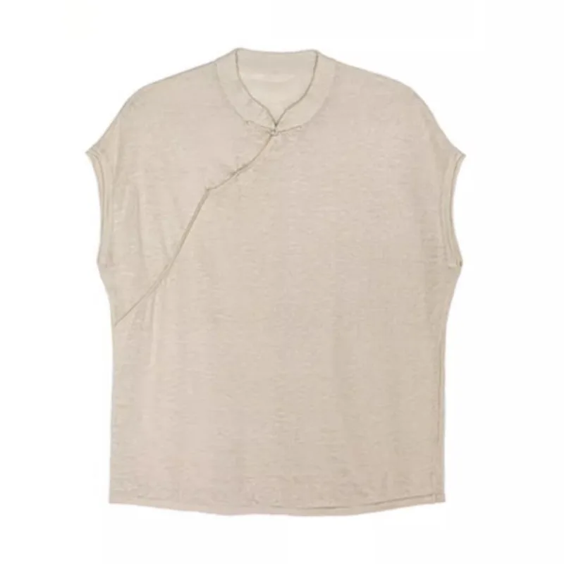 

drape linen knitted casual one-piece sleeve simple Chinese stand-up collar literary top women