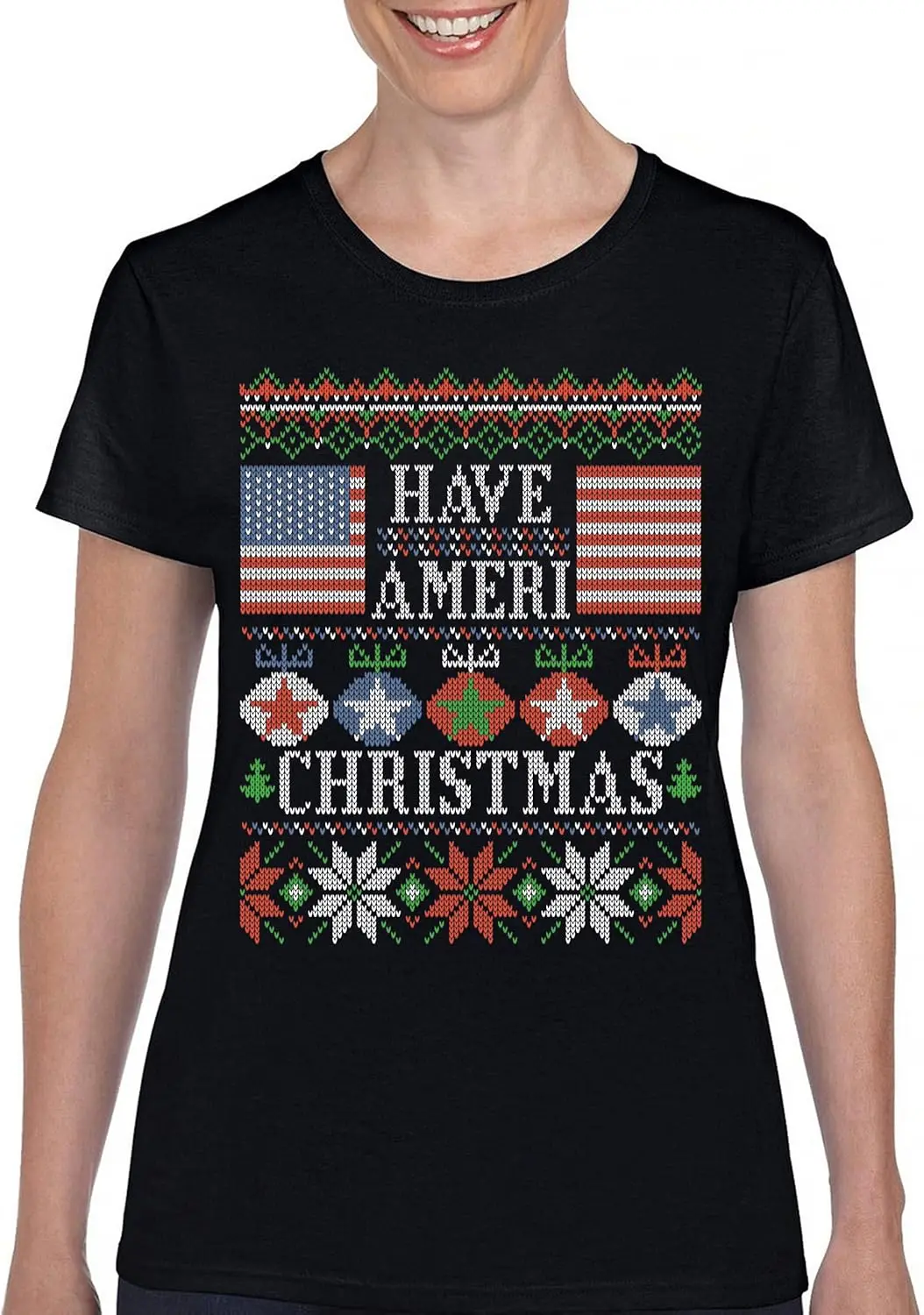 Have Ameri Christmas T-Shirt American Flag Ugly Sweater Patriotic Women's Tee