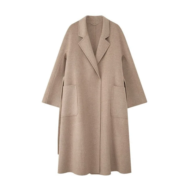 HKSH 2025 Herbst Winter Neue frauen Doppelseitige Wolle Mantel Einfarbig Taschen Gürtel Elegante High-End-dicken Langen Mantel HK15529