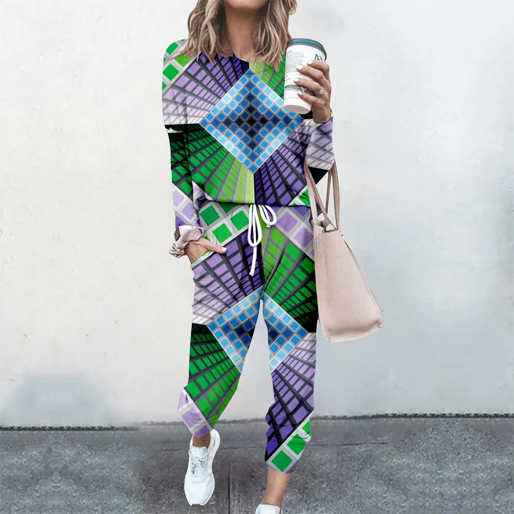 Chándal informal con estampado 3D para mujer, conjunto de dos piezas, sudadera de otoño, Top y pantalones, traje para correr, trajes de ocio, primavera