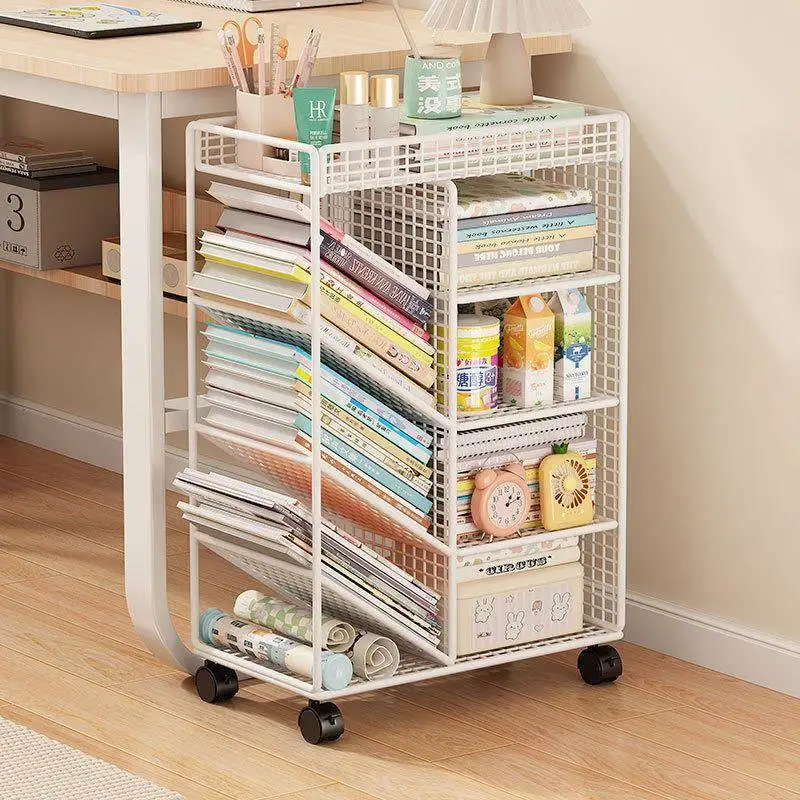 Simple Desk underneath Bookshelf Mobile Cart Stand Easy to Move Classroom Student Desk Book Storage with Wheels under Table