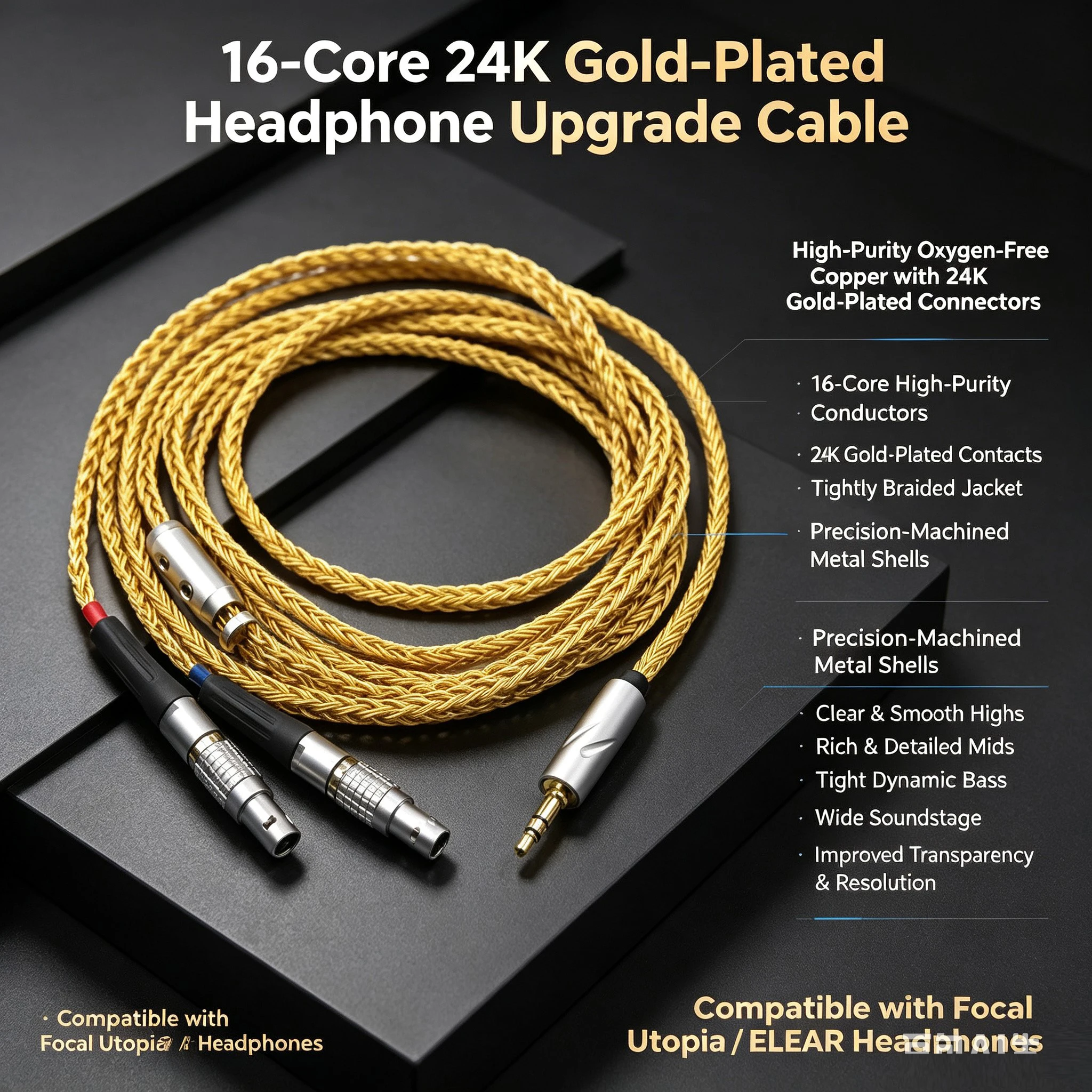 16 Core 99% Gold Plated For Focal Utopia ELEAR 4Pin XLR 2.5MM 4.4MM Balance Headphone Upgrade Cable