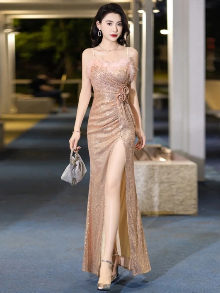 Banquet host Temperament Fishtail sequin birthday halter dress