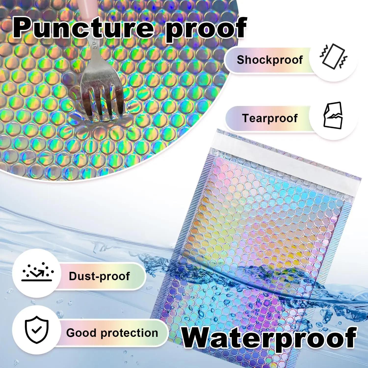 100 Pcs Holographic Bubble Mailers,Metallic Bubble Mailers,Waterproof Poly Padded Envelopes,Self Sealing Cushion Envelopes