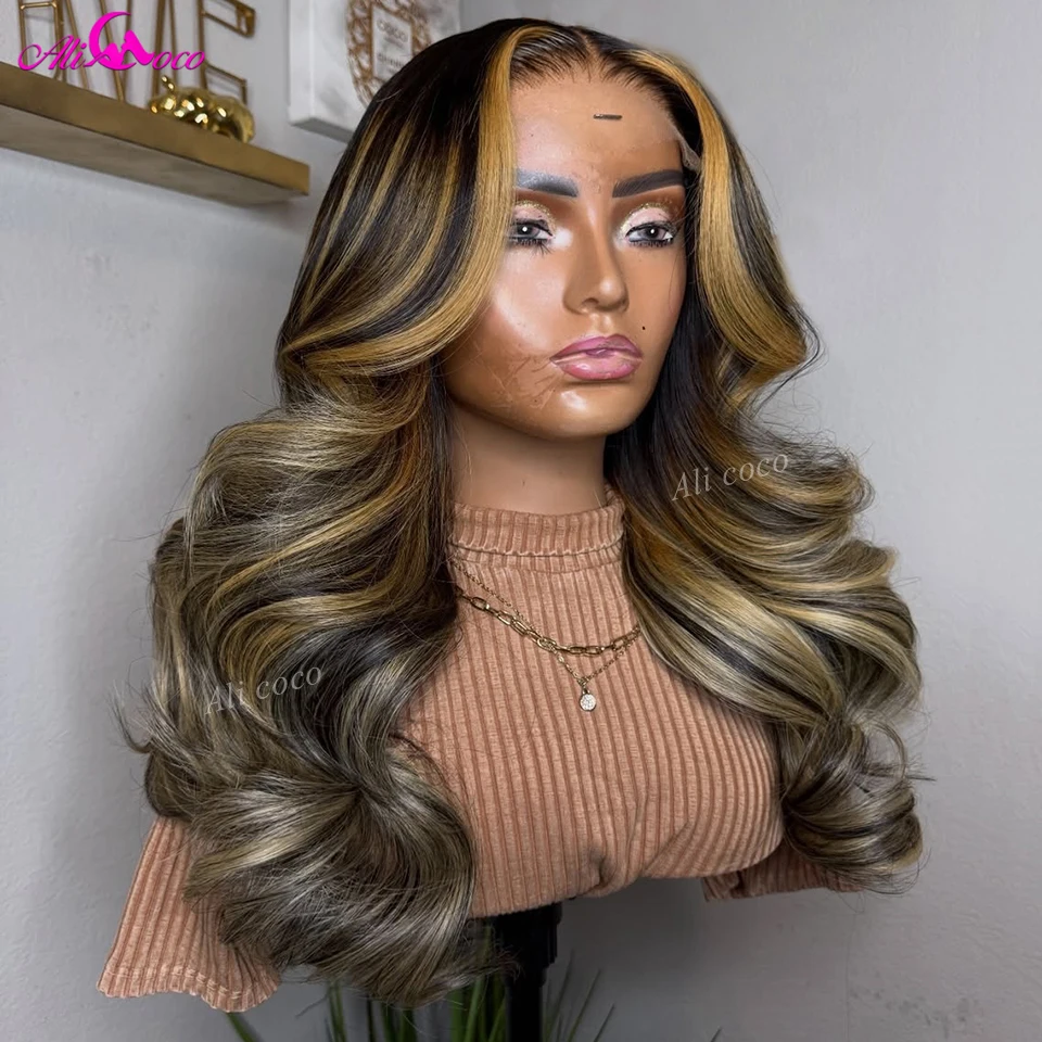 

Парик из натуральных волос с прозрачной сеткой 13x4/13x6, 5x5 Lace Closure, 180% плотность, черный с блондом омбре, волнистый, с прямой линией роста волос