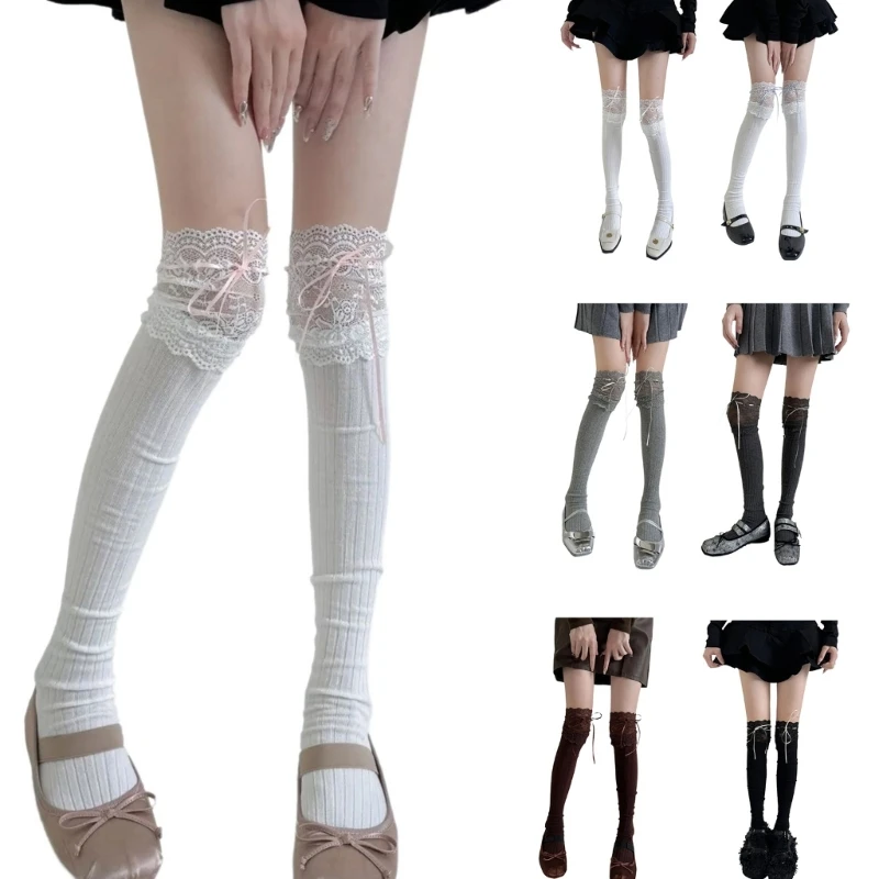 Fashion Breathable Ribbed Knit Striped Thigh High Long Stockings for Women Student Lace Splicing Bowknot Over Knee Socks