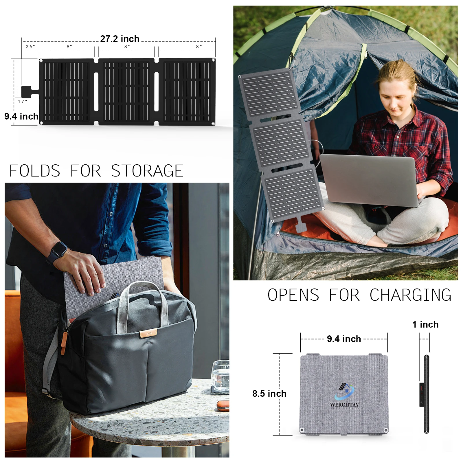 WERCHTAY 20W Foldable Solar Panel Charger IP65 Waterproof Portable Solar Charger 3 Output Ports for Camping Hiking RV Outdoor