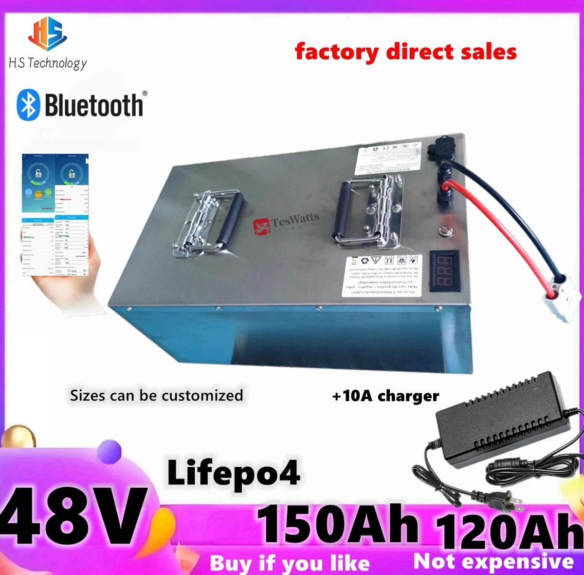 

waterproof 48V 120Ah Lifepo4 48v 150AH lifepo4 battery BMS APP for 4800w 3500w Scooter bike golf cart Solar energy + 10A charger