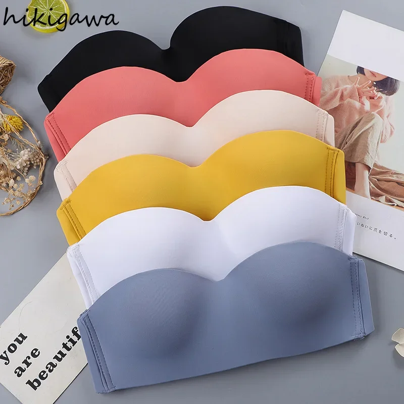 Hikigawa High-quality Tube Top Thin Underwear Women Wireless Convertible Straps Push Up Bra Solid Anti-glare Bralette Lingerie