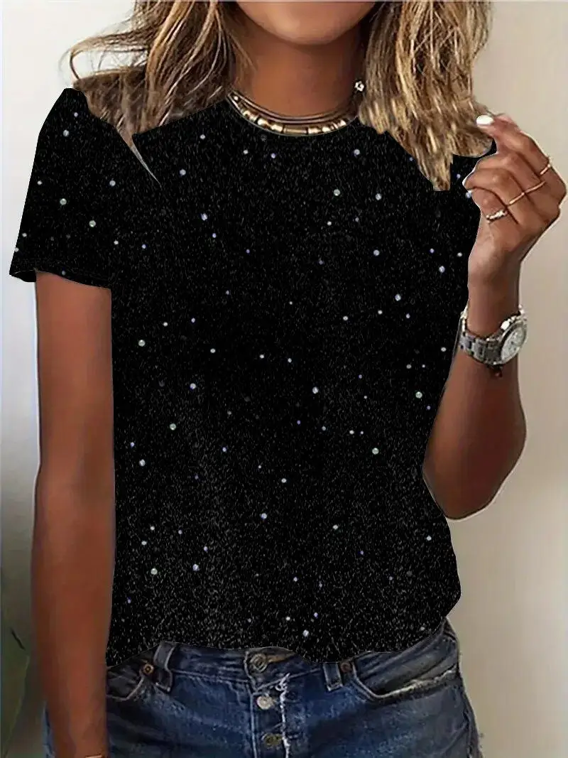 

Women's round Neck Short Sleeve T-Shirt Glitter Cross-Border Fashion Autumn Seven Sleeve Length Glowing Sequins Ladies Top