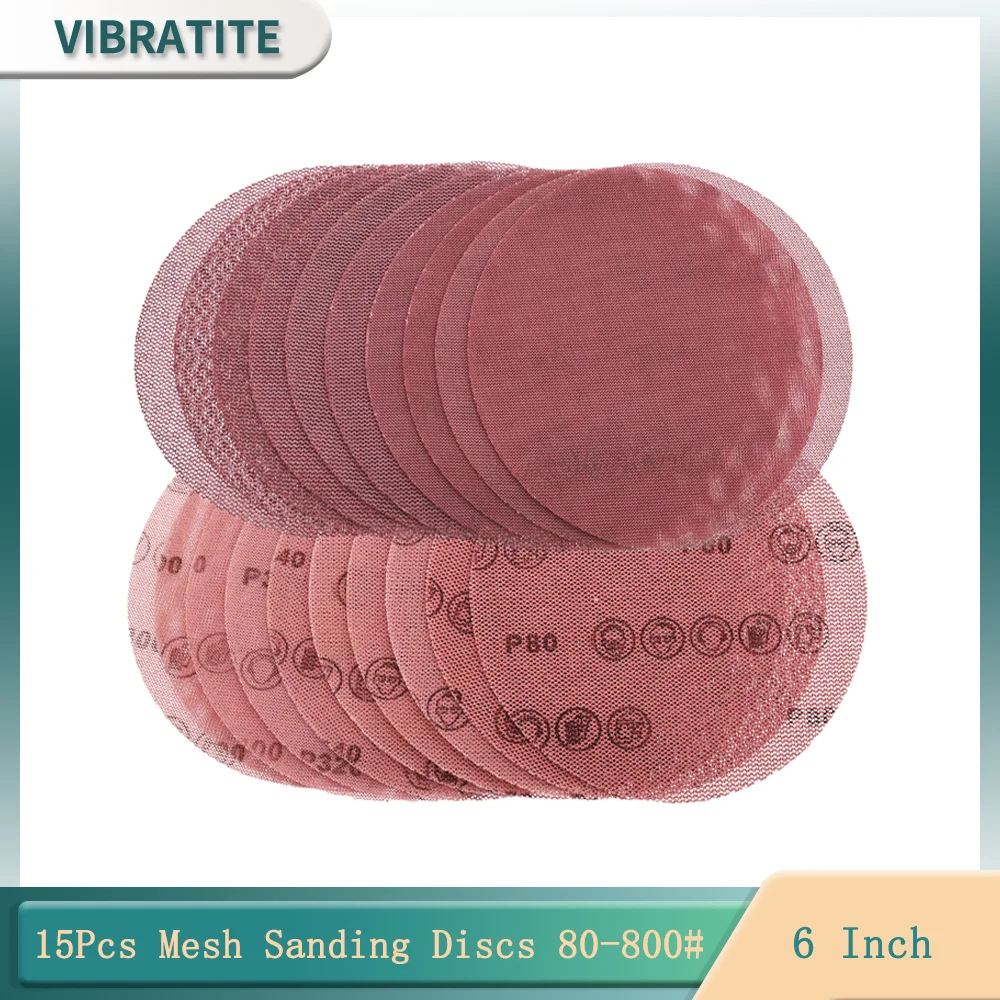 15PCS 6Inch 150MM Upgraded Sandpaper Auto Net Mesh Sanding Discs Dust Free Anti-blocking 80#-800# Assort Grits for Grinding Wood