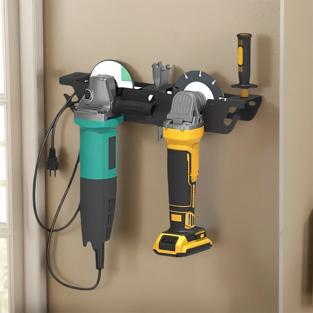 

Wall Mount Organizer Bracket with Cord Hanger Angle Grinder Stand 2 Bay Stand Storage Rack for Cutters Polishers Workspace