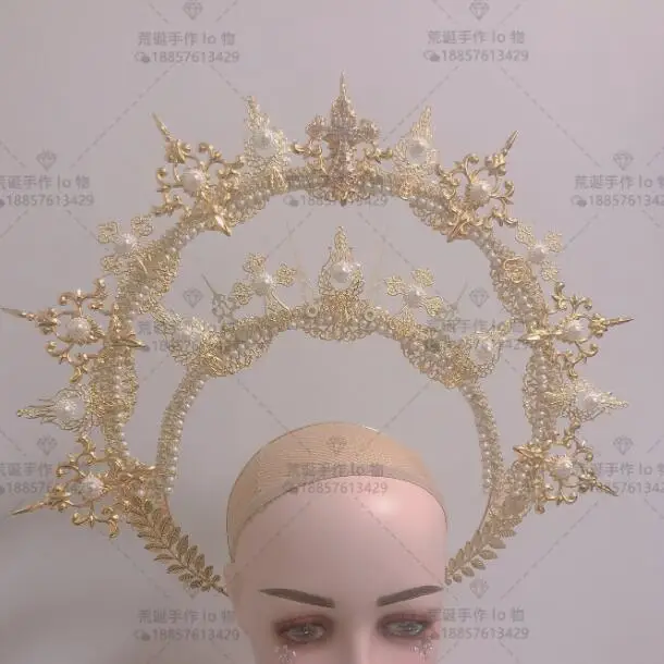 Lolita Halo Pearl Cross Headband Virgin Gold Colour Women Metal Girls