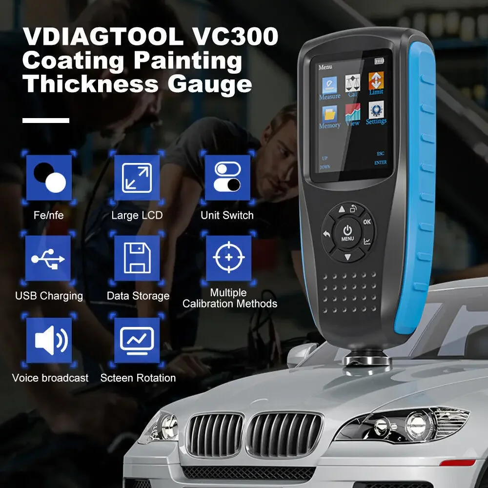 VDIAGTOOL VC300 Precise Coating Thickness Tester Rotated Screen USB Rechargeable Car Paint Gauge Self Calibration Coating Meter