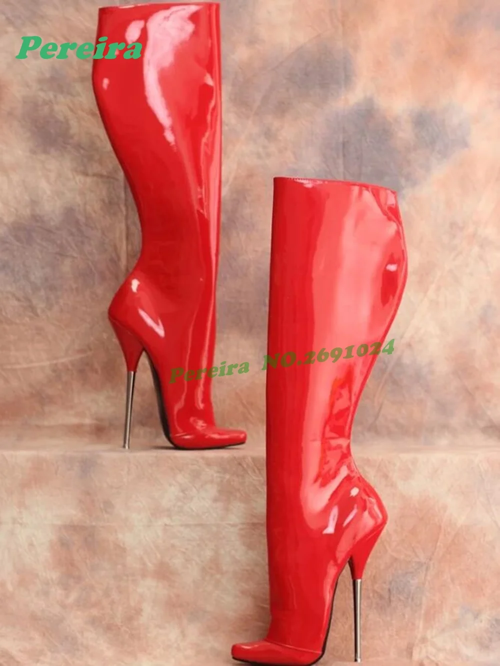 

Red Patent Leather Thigh High Boots for Women Pointed Toe Metal Stiletto Heels Pole Dance Nightclub Party Boots Glossy Sexy