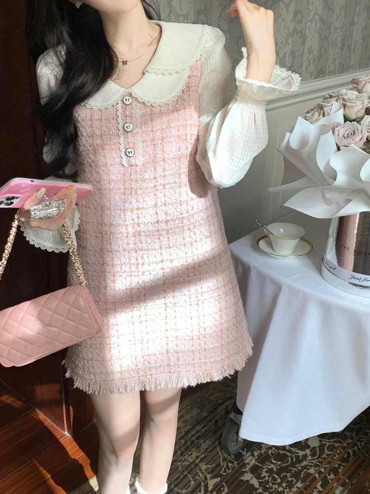 

Korean Style Elegant Party Mini Dress Women Peter Pan Collar Vintage Kawaii Sweet Dress Pink France Casual Fake Two Dresses 2023