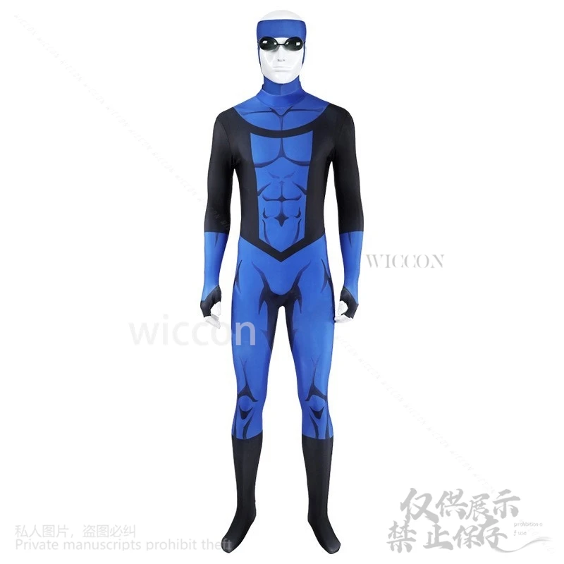 Markgraysonn Invincibeee Cosplay Customized Costume Blue Jumpsuit Bodysuit Battle Uniform Mask Glasses Punk Man Halloween