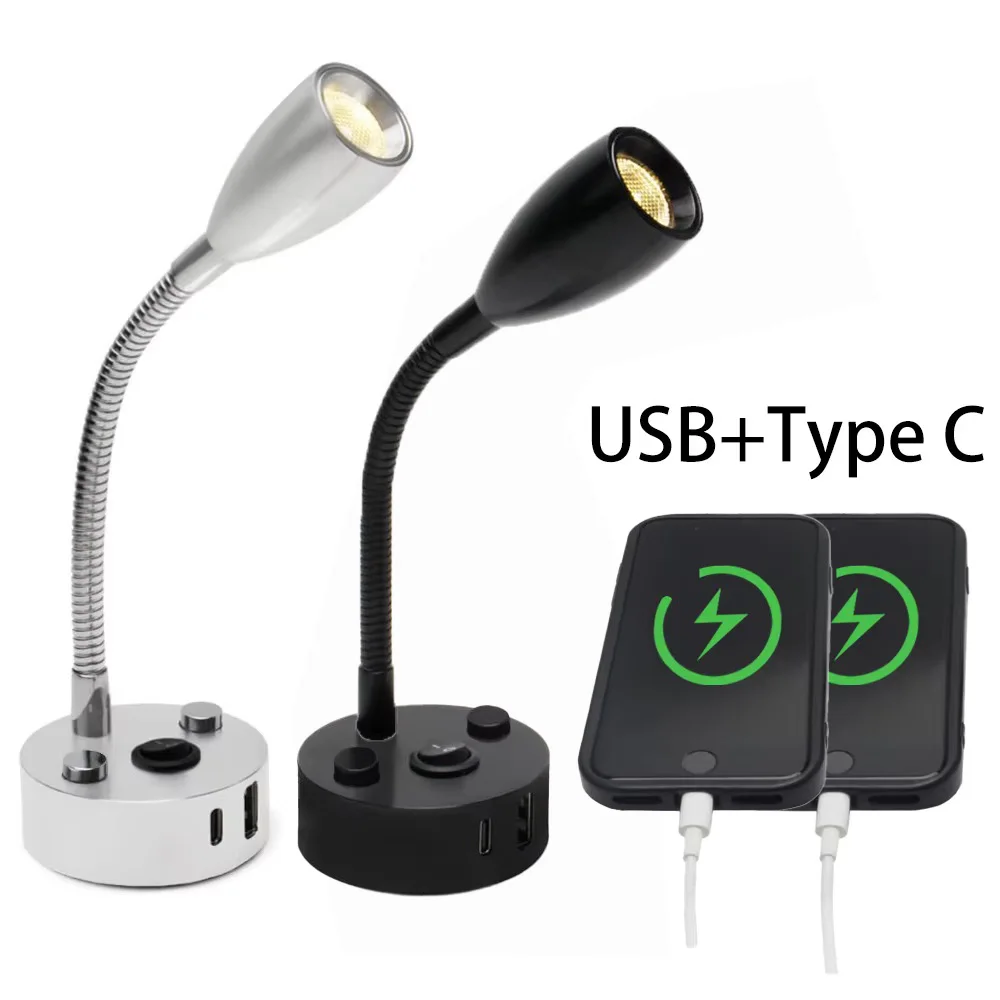 

12V-24V LED RV Reading Light With USB Type-c Fast Charge Flexible Short Flexible Gooseneck Light with Touch Switch