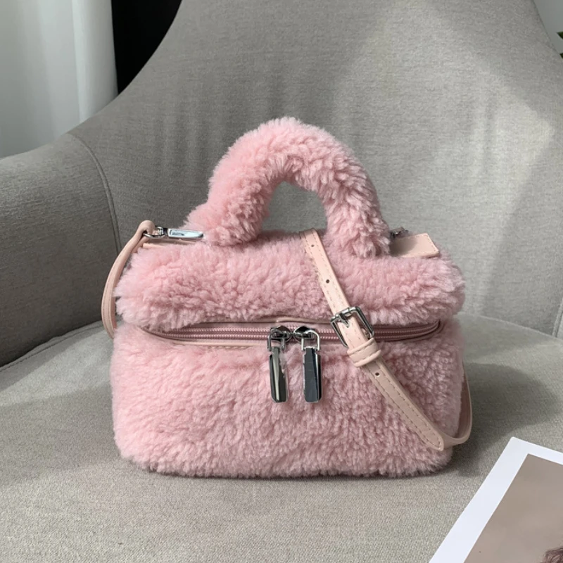 Soft Plush Women\'s Small Shoulder Bag Faux Lamb Wool Ladies Bucket Crossbody Bags Winter Furry Female Phone Pouch Purse Handbags