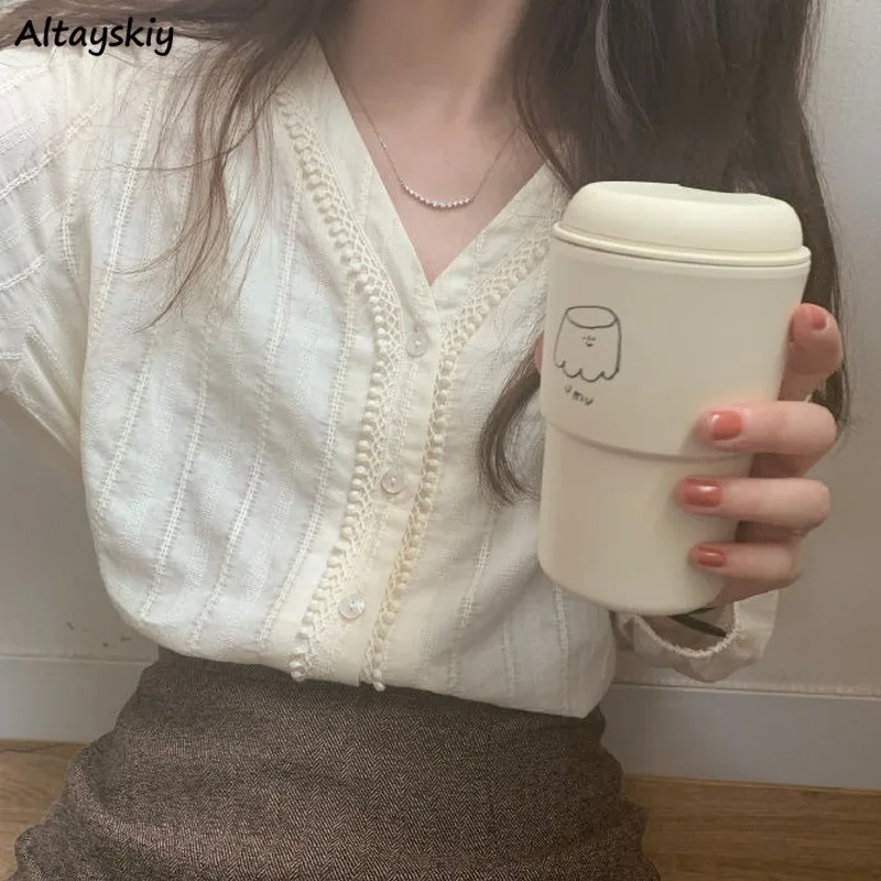 

Shirts Women White Long Sleeve Korean Style Leisure Spring Loose Simple Design Elegant Ladies Commuting Office Daily Casual 2XL