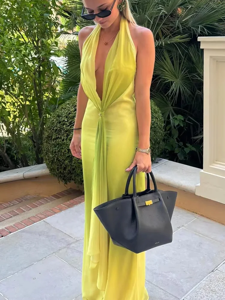 HH Women Summer Back Zipper Gradual Knot Decoration Backless Long Dress Female Sexy Hanging Neck Collar Sleeveless Dress