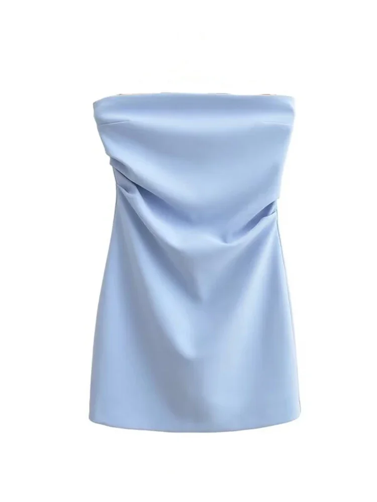 

Willshela Women Fashion Blue Pleated Backless Zipper Mini Dress Vintage Strapless Slash Neck Female Chic Lady Dresses