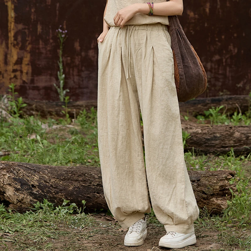 

Высококачественные хлопковые и льняные шаровары, женское новое поступление, весна 2024, винтажный стиль, однотонные свободные женские повседневные брюки M1600