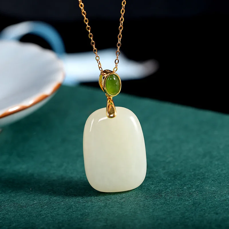 Personality Silver S925 silver inlaid Hotan Jade white jade square pendant fashion simple women's necklace