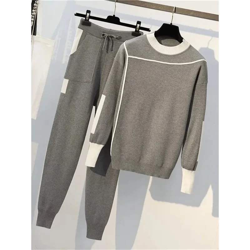 جديد الخريف الشتاء المرأة محبوك 2 قطعة مجموعة طويلة الأكمام س الرقبة ملابس رياضية البلوز سترة و جيب بدل رجالي 2 قطعة وتتسابق