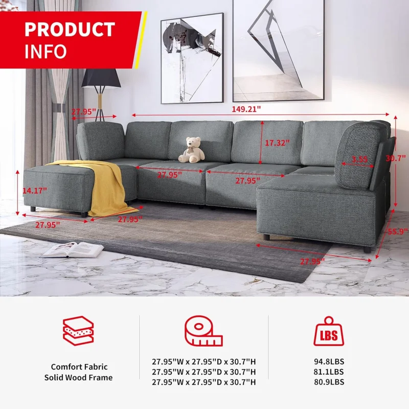 Modular Sectional Sofa with Chaise, Convertible Oversize L Shaped Couch with Reversible Ottoman,Linen 6 Seater Free Combination