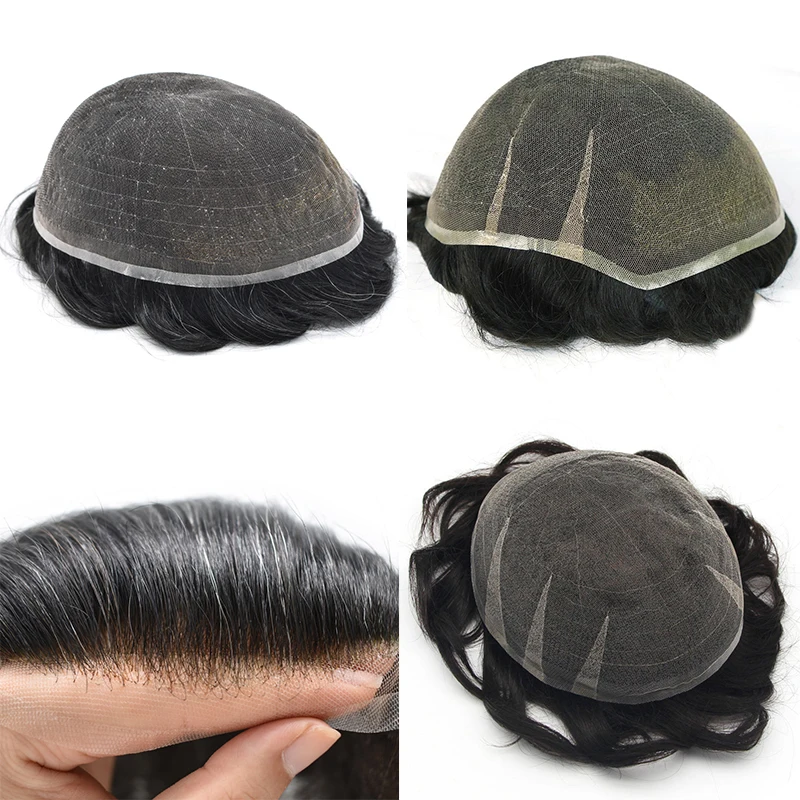 Full Lace Men\'s Capillary Prosthesis Real Human Hair Wigs Breathable Man Toupee Hair System Unit Bleached Knots Natural Hairline