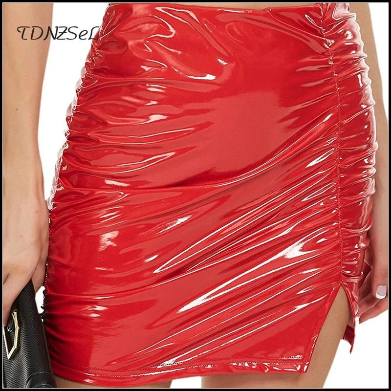 Women Shiny Latex Leather Pleated Skirts Mini Bodycon Folds Pencil Skirts Sexy Short PU Skirts Hems Side Split Summer Custom