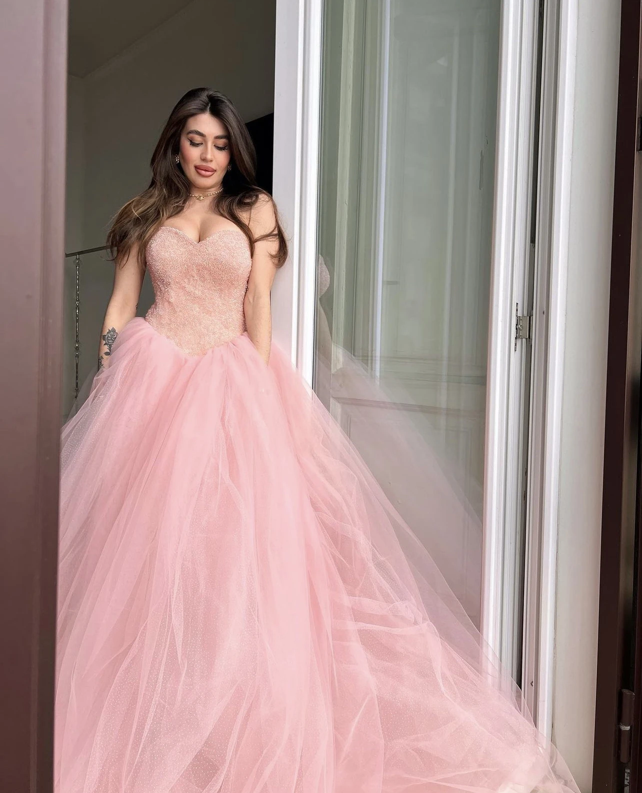 OLOEY-Robe de soirée longue rose en dentelle, tenue de Rh, tulle, paillettes, arabe, Dubaï, quelle que soit la cérémonie, 2023