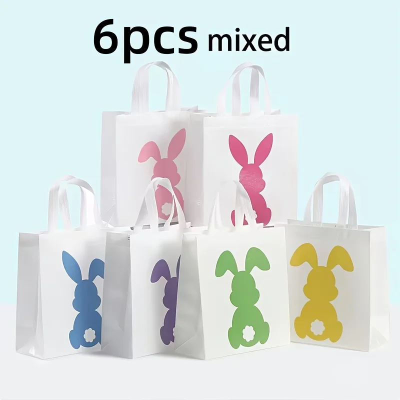 6Pcs Easter Cute Rabbit Non-Woven Gift Bags, Mixed Color, Reusable with Handle, Polyester Shopping Bags for Birthday Party Suppl