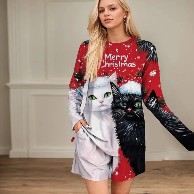 Casual Sports Shorts Set European and American Christmas New Animal Positioning Printed Long Sleeve Loose Women\'s Shorts Sets