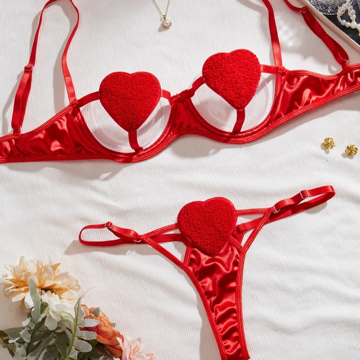 

Sexy Hollow Out Love Pink Lingerie Women Girl Feeling Ropa Interior Sexy Transparente Para Mujer Female Solid Bra and Panty Set