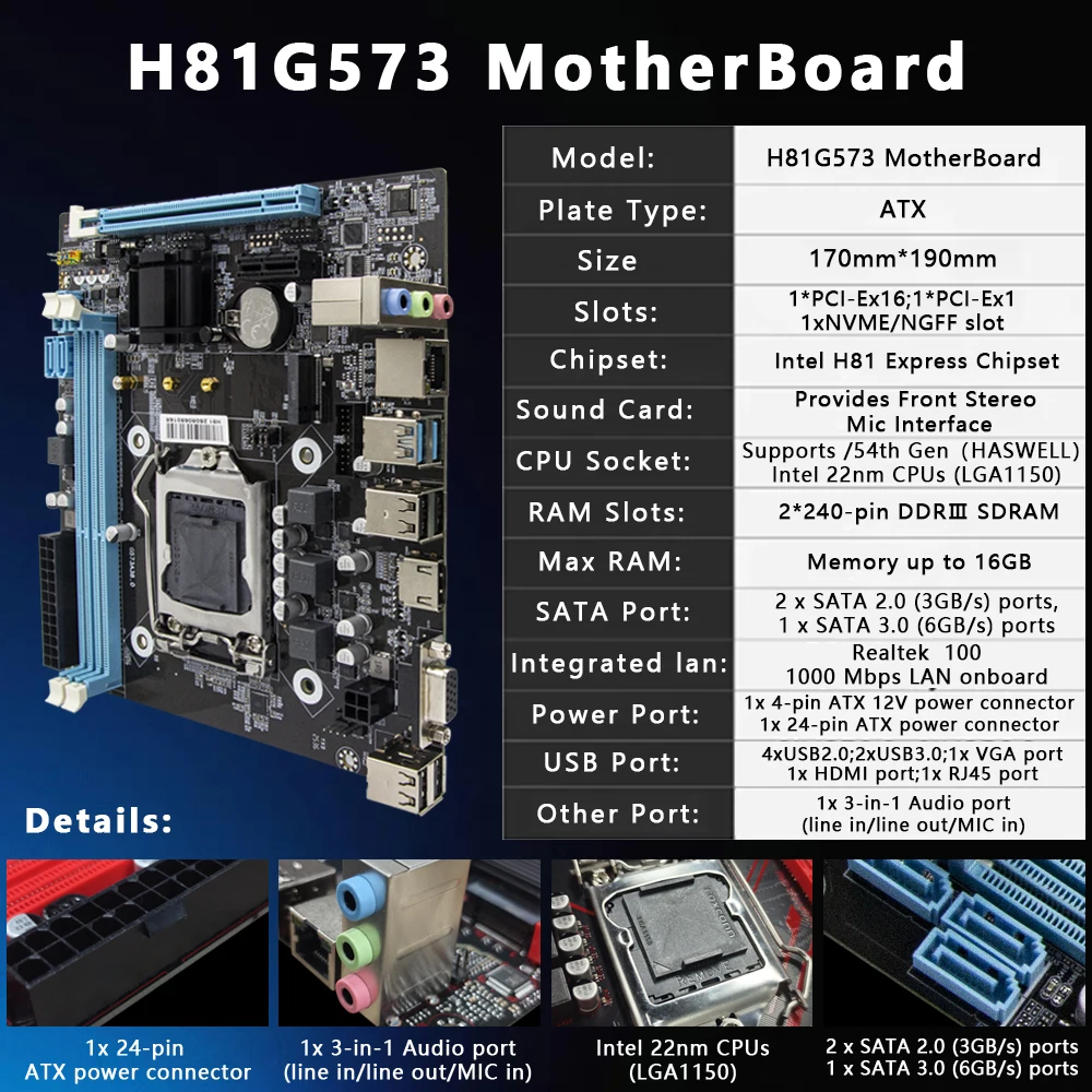 AIBOMAN Motherboard Colorful H81M-K PLUS V23B (LGA1150, H81, DDR3, USB3.0) RED BLACK VERSION DDR3 RAM SUPPORT
