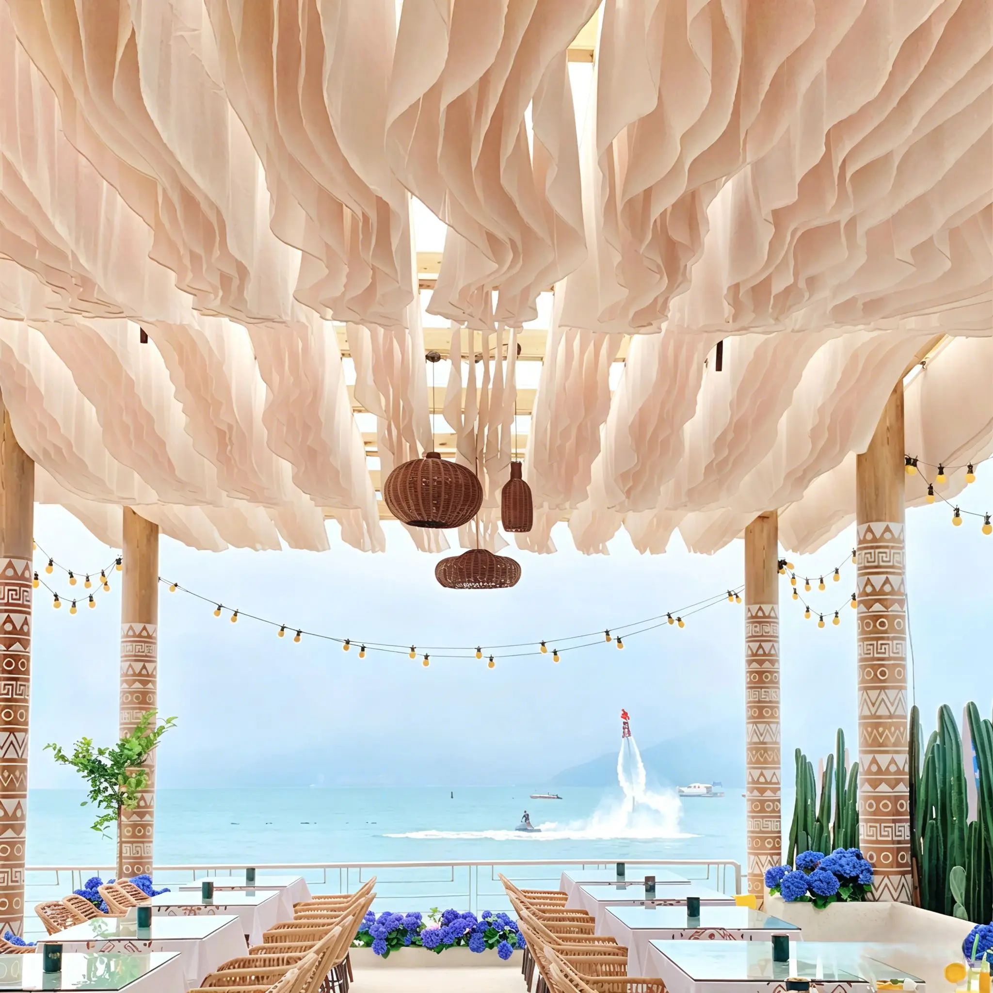 

Romantic Wind-Moved Wave Ceiling Drapes Outdoor Colorful Sunshade Garden Lawn Wedding Courtyard Elegant Homestay Scenic Decor