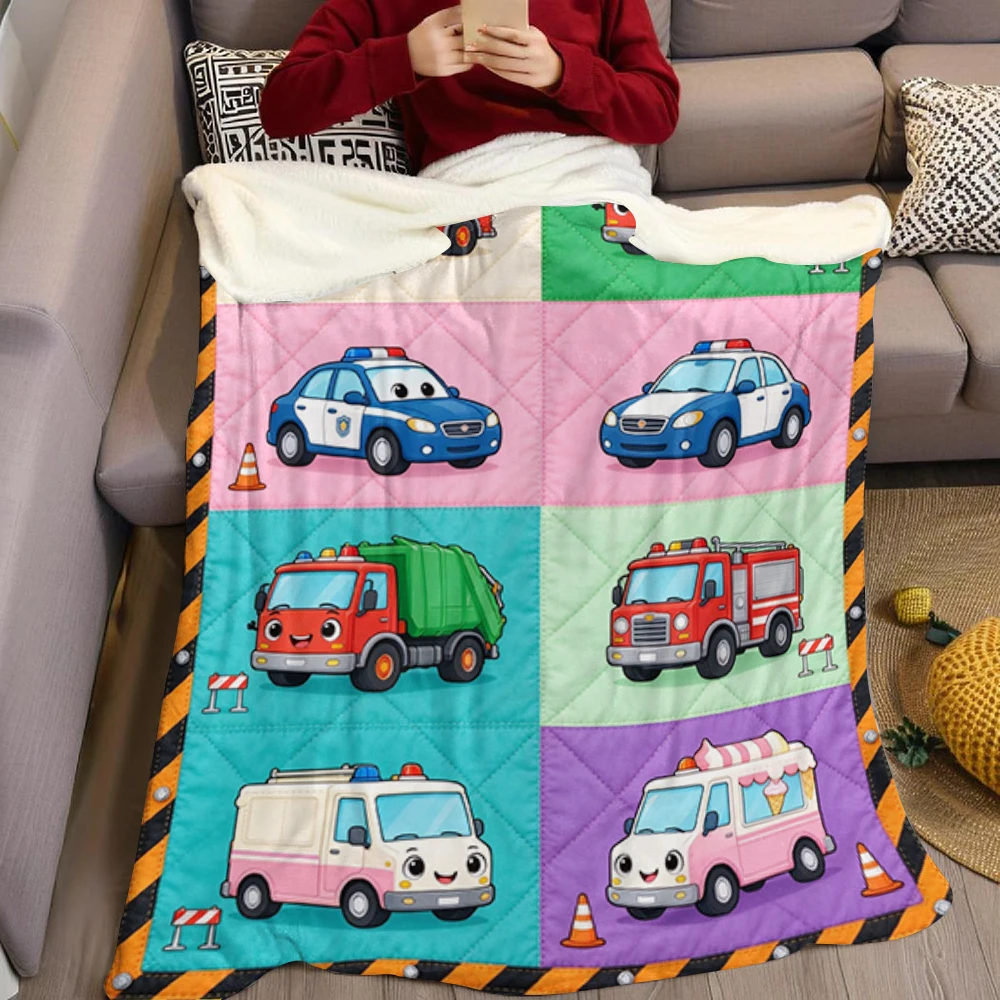 Fire Plow Truck Grid Flannel Blanket Perfect for Sofa Office Bed Travel Sleep Read Relax Camping Four Season Use