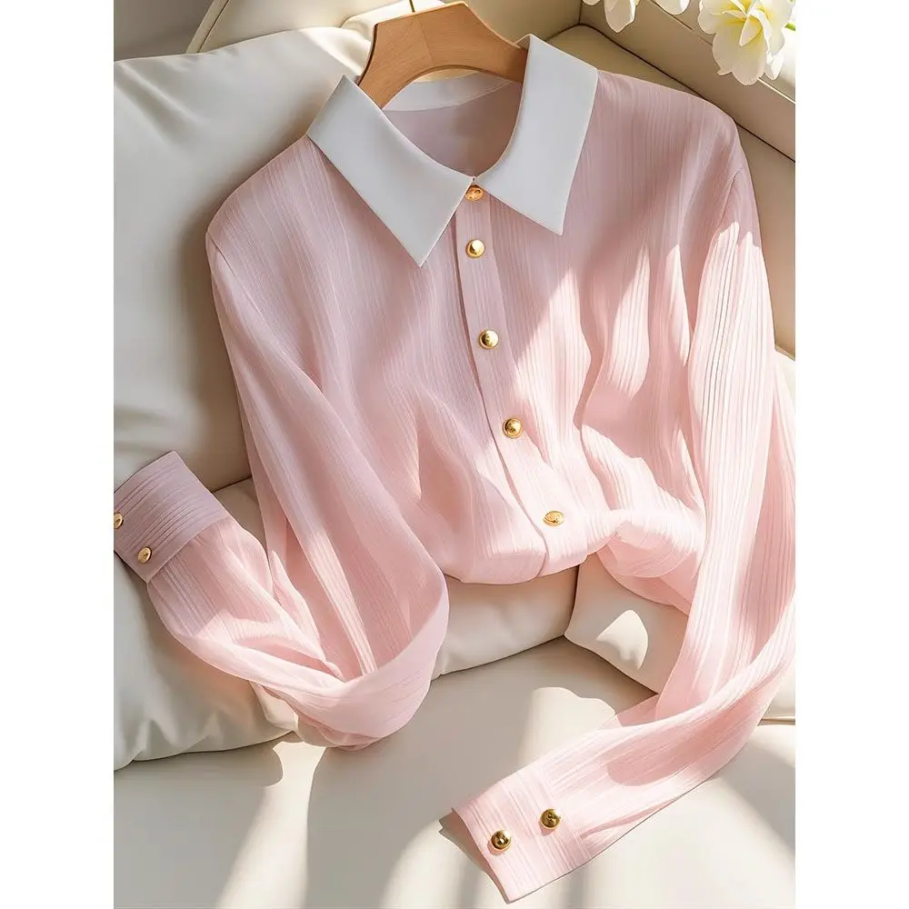 Unique Beautiful Pink Dopaamine Spring Autumn Women's Shirt Jacket 2025 New Style Polyester Fiber Long Sleeve Striped Pattern