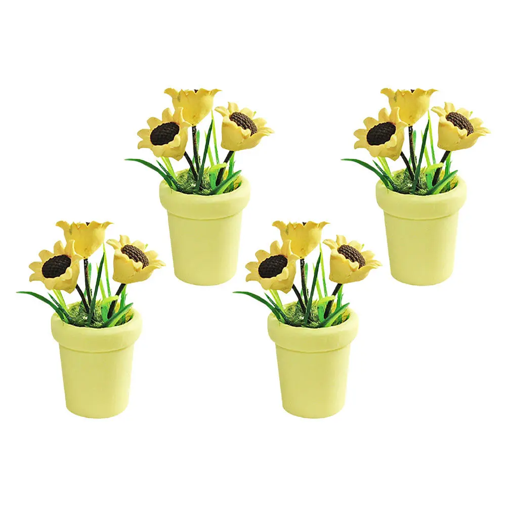 4Pcs Miniature Sunflower Potted Plants Resin Artificial Bonsai for Dollhouse Micro Landscape Desktop Garden Decor Miniature