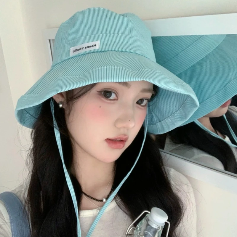 Ins Fresh Striped Strap Bucket Hat Spring and Summer New Korean Sweet Versatile Cute Candy Color College Style Women\'s Caps