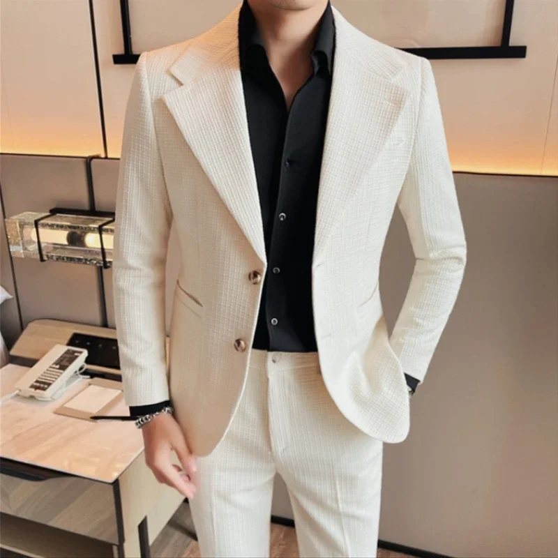 

Autumn Winter 2 Piece Set Men (Jacket+Pants) Casual Business Dress Suits Slim Formal Groom Wedding Office Work Blazer Trousers