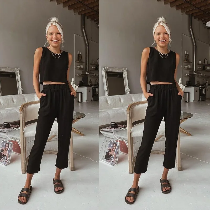 Frauen Urlaub Zwei-stück Set Ärmellose Tank Top Weste & Lose Hohe Taille Hosen Set Hause Lose