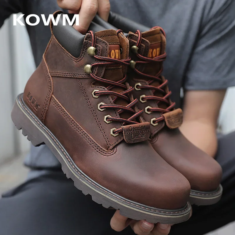 KOWM 2024 Hiking boots Men\'s High Help Work Suit Boots Cowhide Yellow Boots Cotton Shoes Climbing walking Boots ankle sneakers